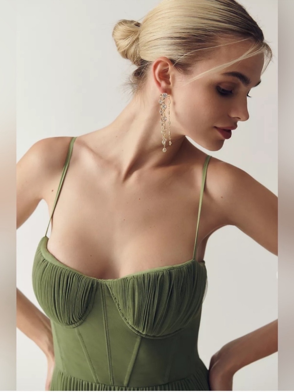 Hutch Anthropologie Olive Green Amara Corset Pleated Tulle Fit Flare Midi Dress - Picture 2 of 16